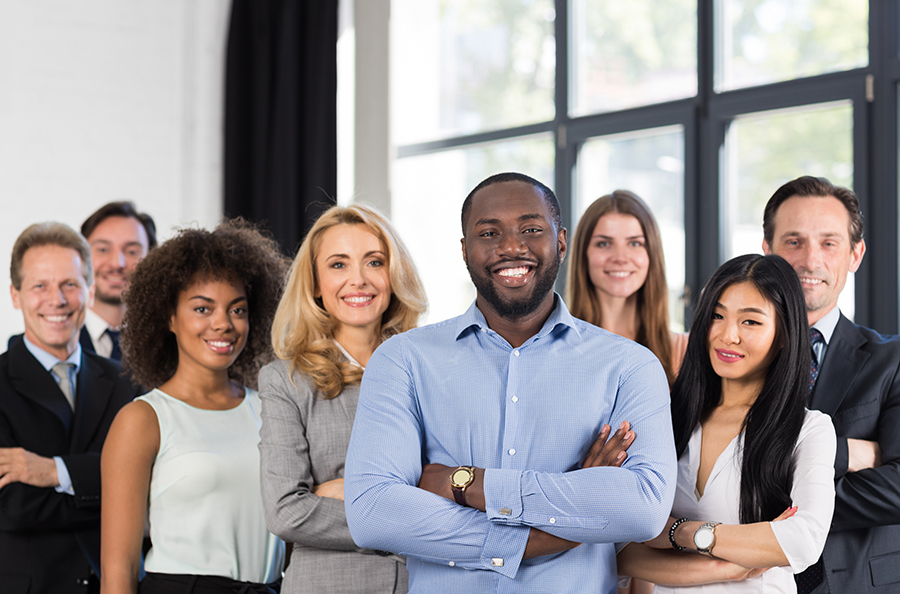 African American Businessman Boss With Group Of Business People In Creative Office, Successful Mix Race Man Leading Businesspeople Team Stand Folded Hands, Professional Staff Happy Smiling